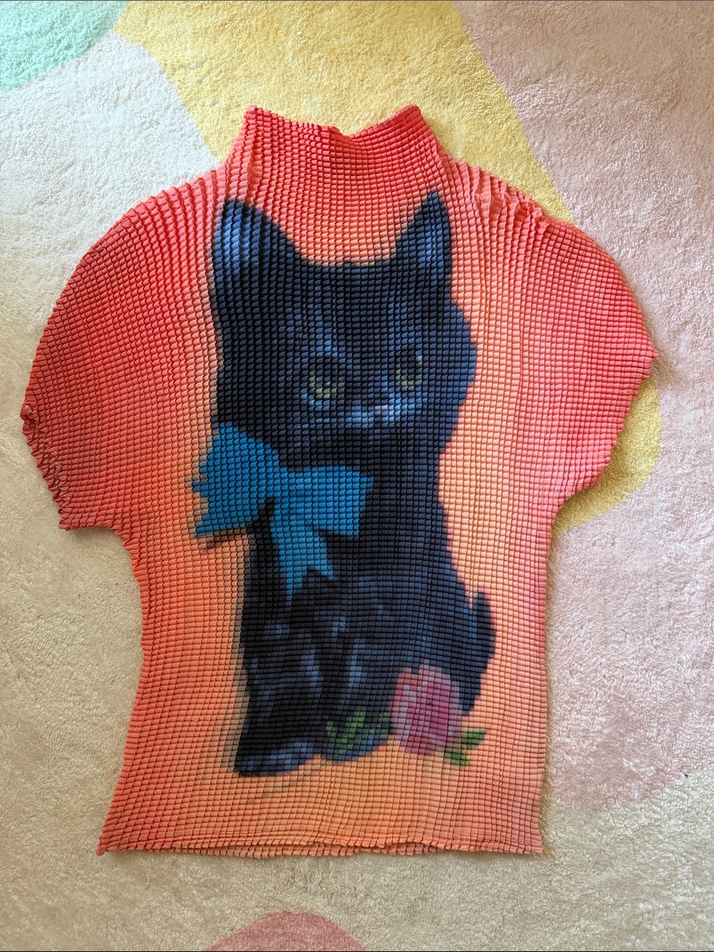 Cute Black Kitten Cat Sweater Top - Coral with Blue Bow